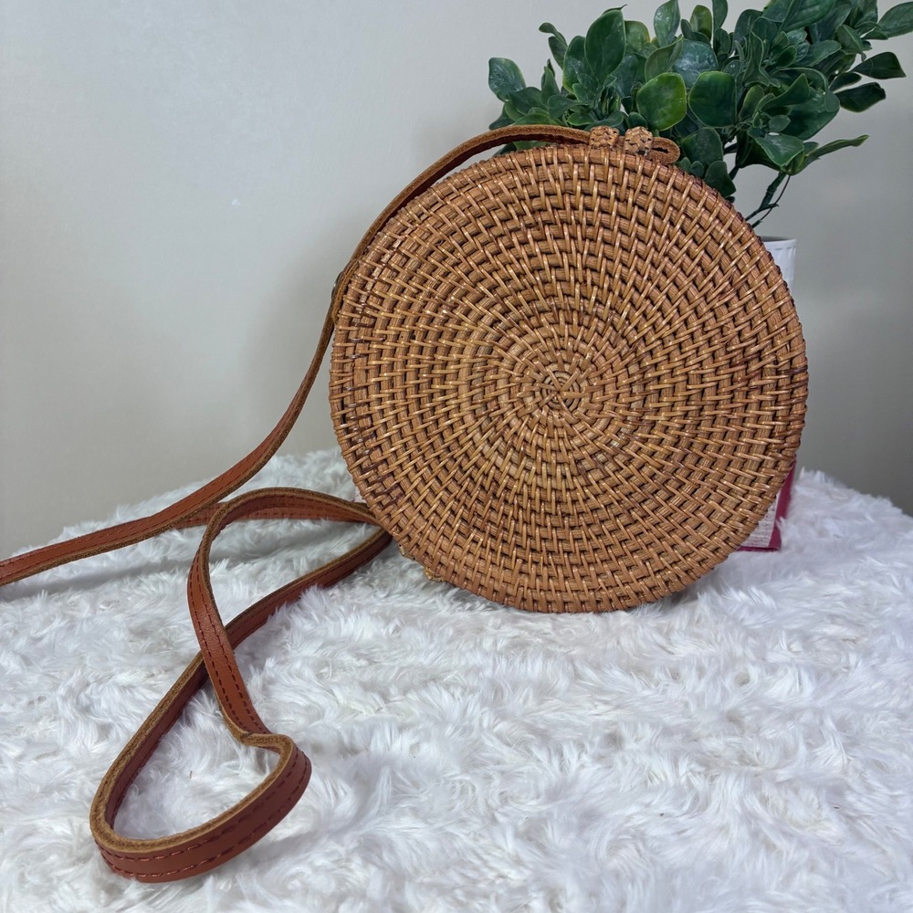 Handwoven Round Rattan Crossbody Bag Brown Wicker Circle Purse Tropical Lining